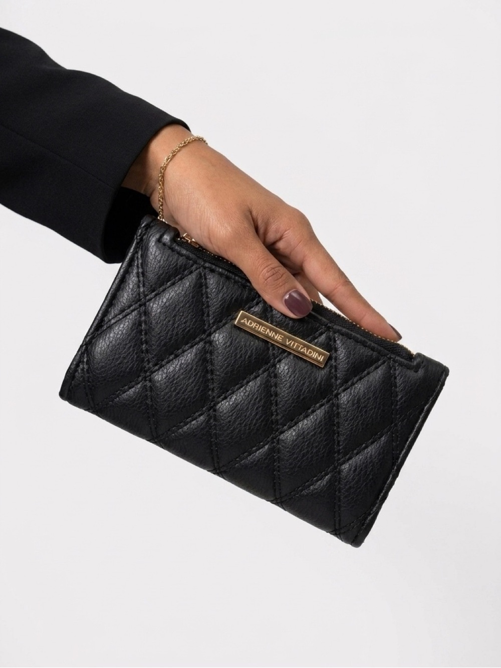 Adrienne Vittadini Black Quilted Zip-Around Wallet with Gold Plaque